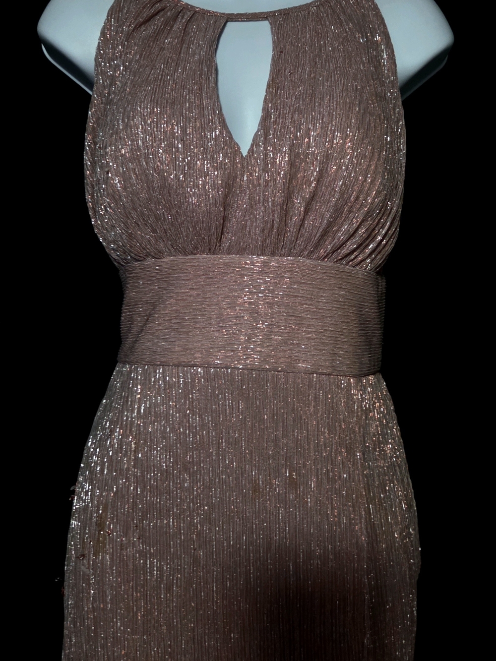 R&M Richards Shimmery Rose Gold Halter Gown